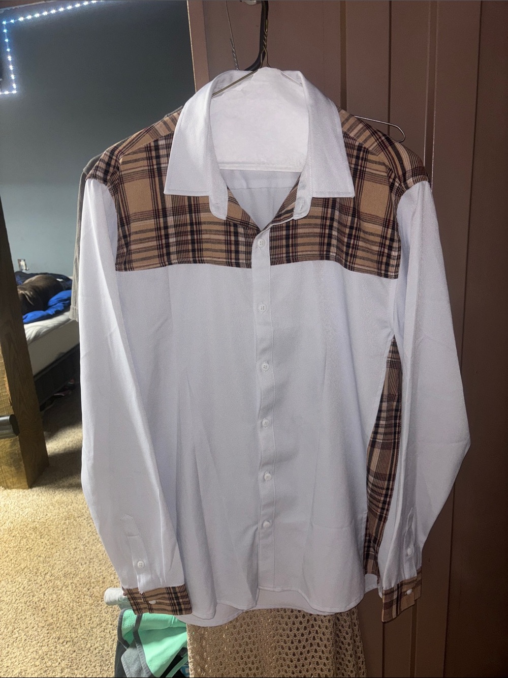 SHEIN White Button-Up Shirt with Tan Plaid Yoke and Accents